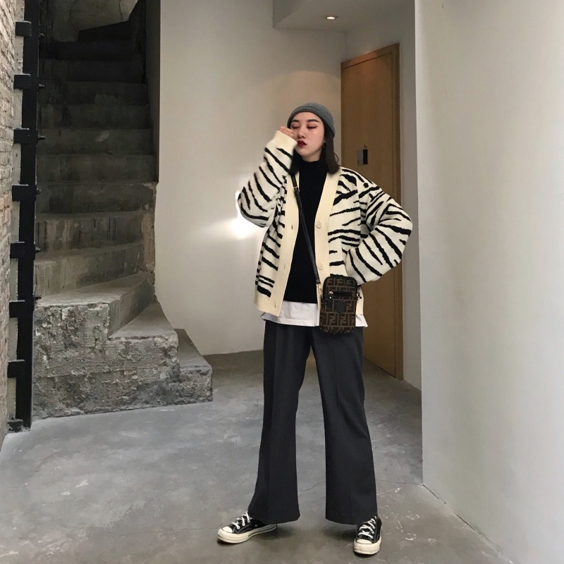 Keiko s stylish单排扣百搭宽松chic风斑马纹上衣长袖开衫女厚实