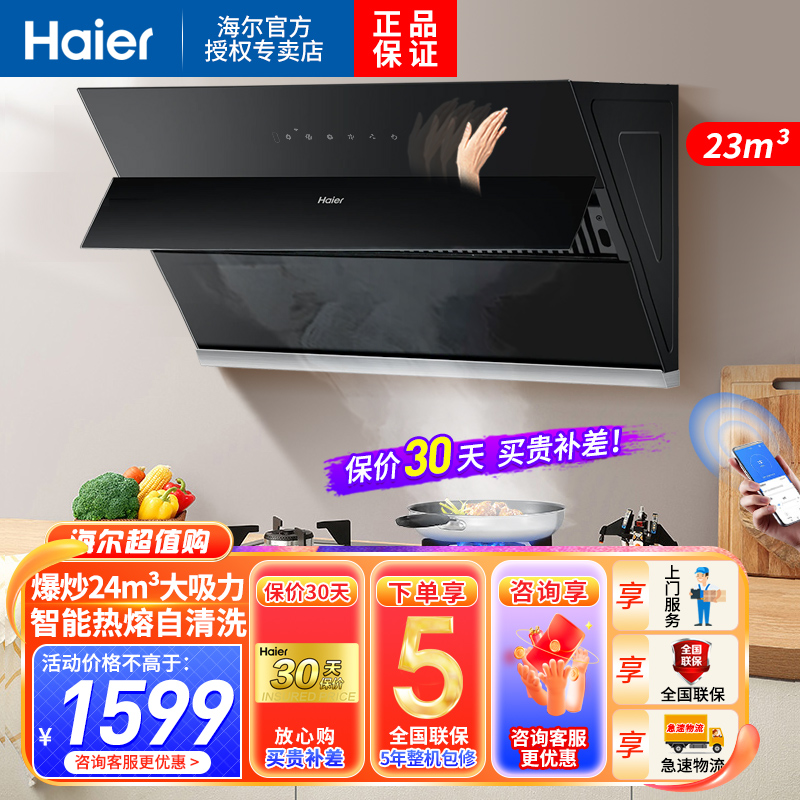 [热熔洗]海尔(Haier)抽油烟机家用侧吸式24m³爆炒大吸力一级能效挥手智控APP智控自动开合广域拢烟EC967U1