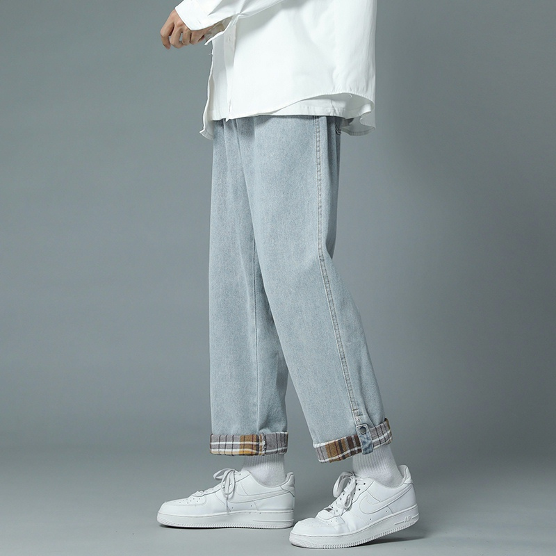 WOOG2005卷边牛仔裤男春季宽松直筒百搭休闲裤男士潮流帅气长裤子