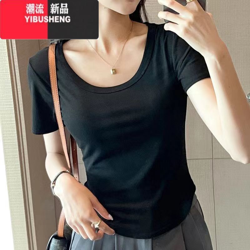 YIBUSHENG美式正肩短袖t恤女季新款纯色U领弧形下摆打底上衣A 黑色 2XL建议130-140斤