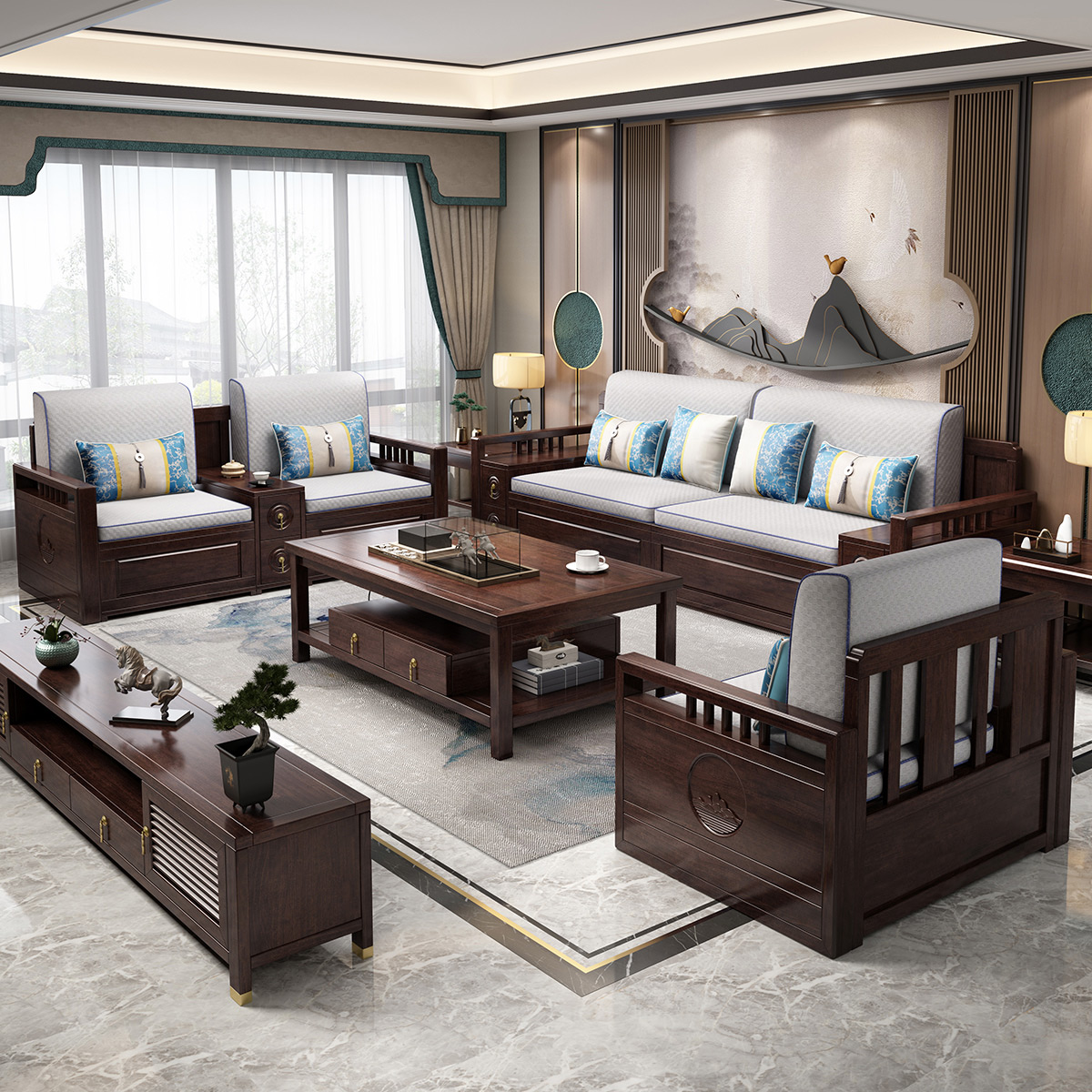 月影梳桐新中式红木沙发615#组合紫金檀木冬夏两用储物软包小客厅实木