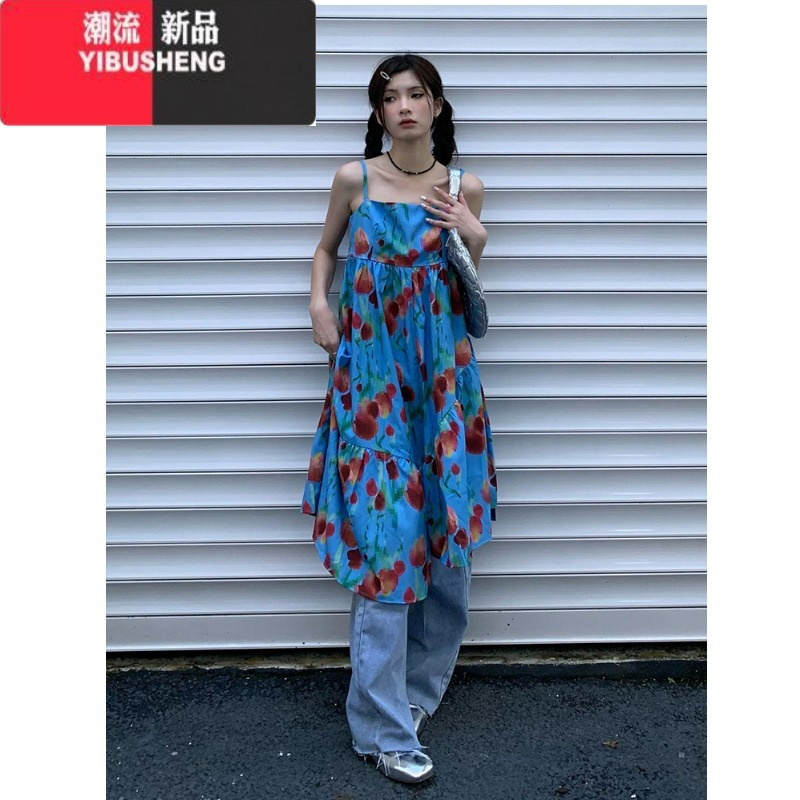 YIBUSHENG度假风吊带连衣裙女季宽松百搭长裙设计感郁金香印花多巴胺裙子