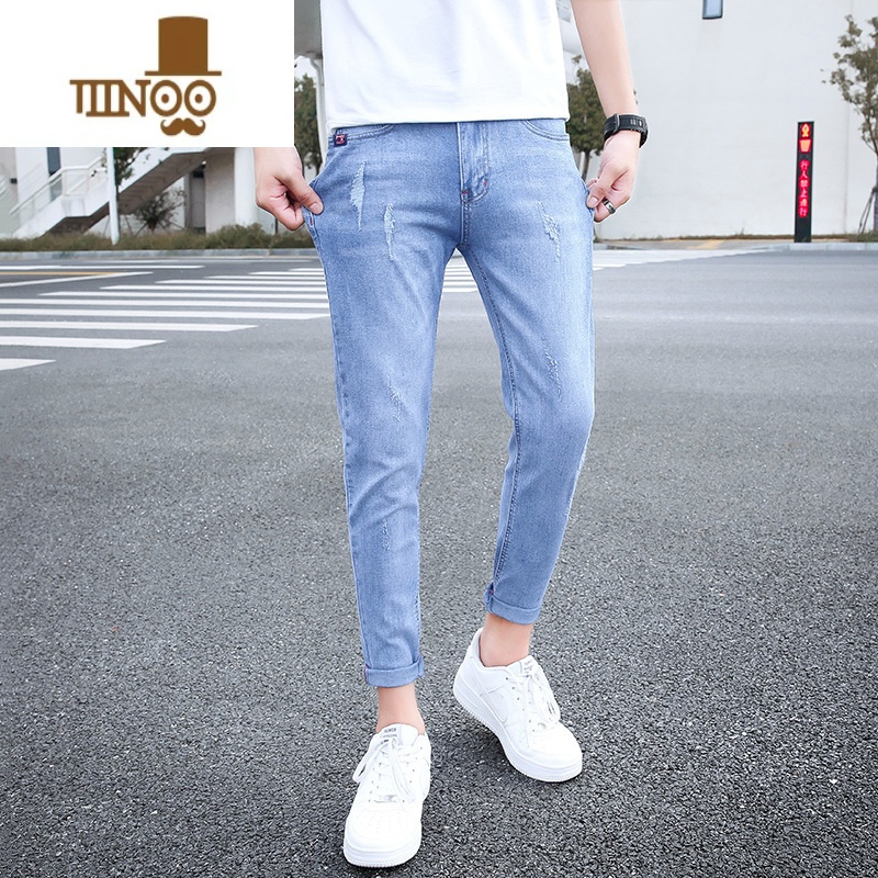 YANXU夏季九分牛仔裤男士韩版修身小脚裤潮牌款男款夏天破洞男裤子高清大图