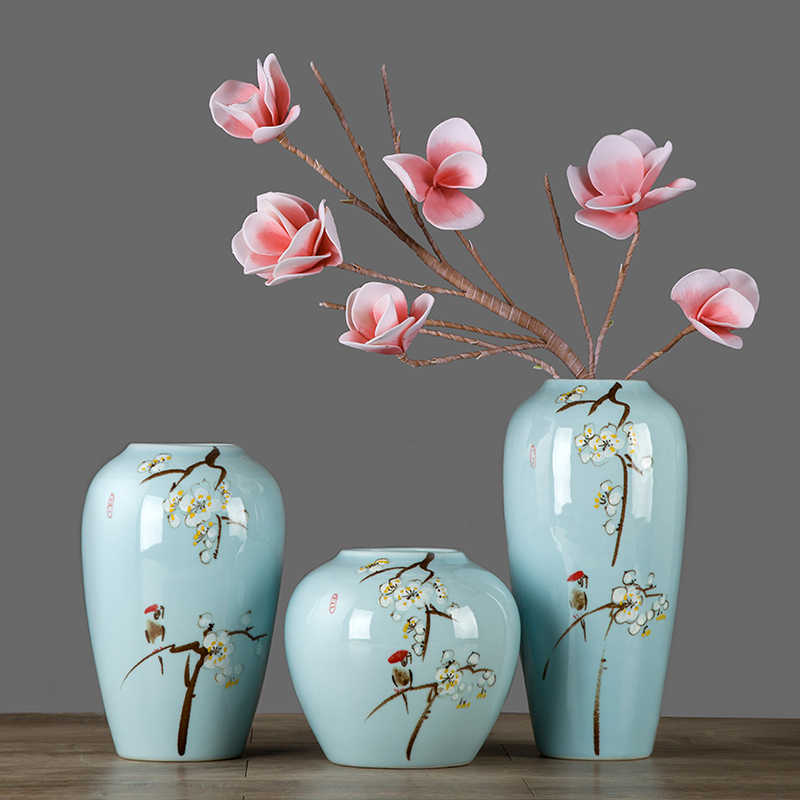 现代新中式三件套摆件景德镇陶瓷器花瓶插花禅意客厅玄关装饰品 三维工匠 [白梅红枝鸟]三件套高清大图