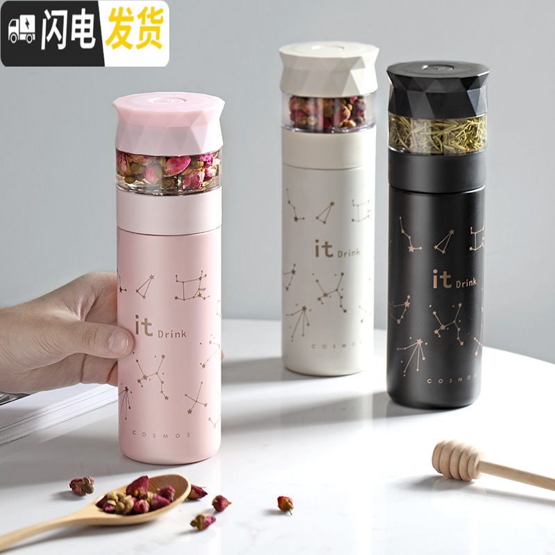 三维工匠茶水分离保温水杯女士小巧可爱便携时尚杯子防摔过滤网茶叶泡茶杯 简约款黑色-350保温杯高清大图