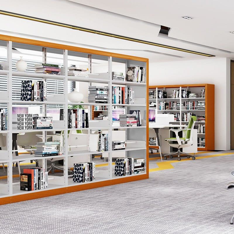 域赢钢制书架学校图书馆书店书籍室阅览室双面资料架木护板一列三组五层图片