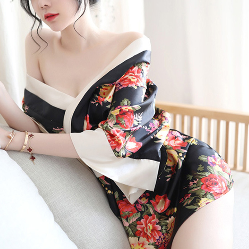 女士情趣内衣性感和服日系制服丁字内裤职业套装V字女式情趣睡衣学生睡裙卫衣三点后入式免脱透明夫妻啪啪啪长夜漫漫成人女性用品 黑色和服+腰带+内裤 均码80-130斤