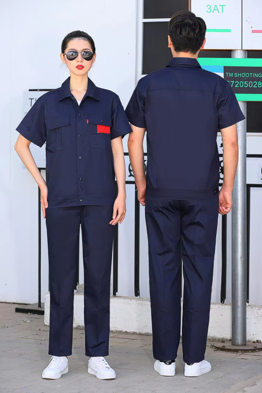 尹潮 XM-101夏季纯棉短袖工作服套装 藏青色 3XL码/套
