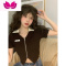 七斓甜辣妹小众拼接短款拉链上衣女夏季修身露脐短袖设计感针织T恤潮