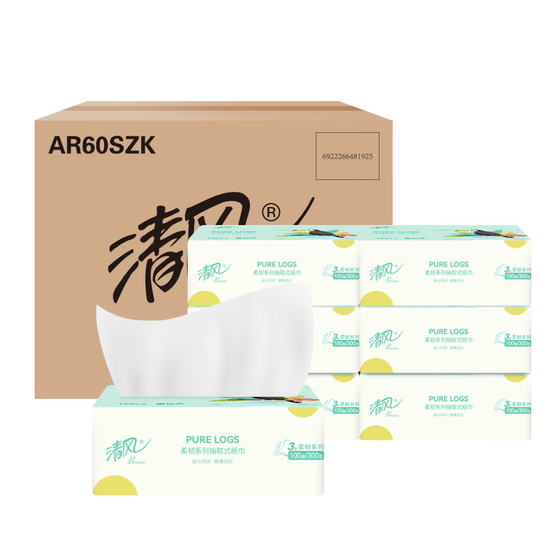 清风AR60SZK柔韧系列亲肤抽纸6联包4提整箱装100抽*6包*4提