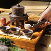 言艺(yanyi) 整套茶具套装实木茶盘懒人半全自动石磨泡茶器陶瓷茶壶茶杯 小陶磨配厚德载物棕