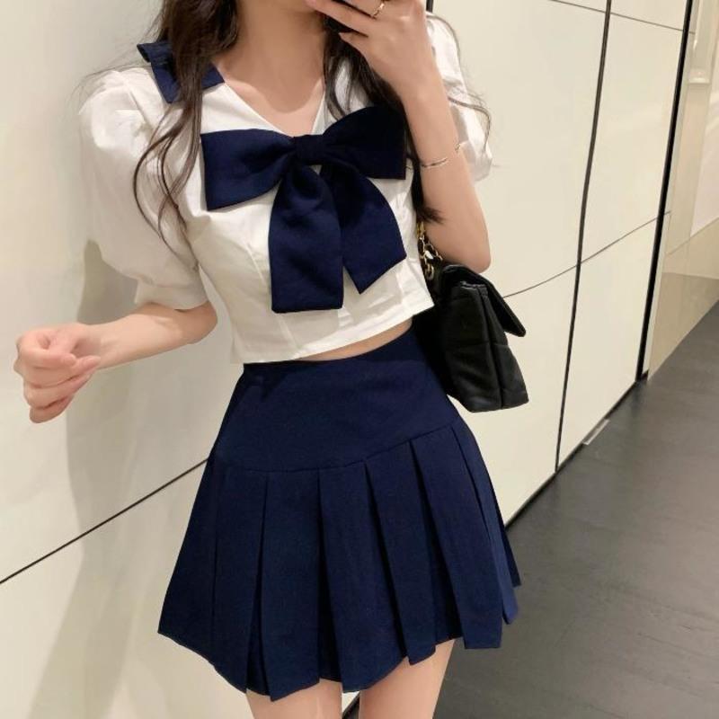 套装裙女2021夏季新款日系学生短款百搭上衣高腰百褶半身裙两件套 裙子 S