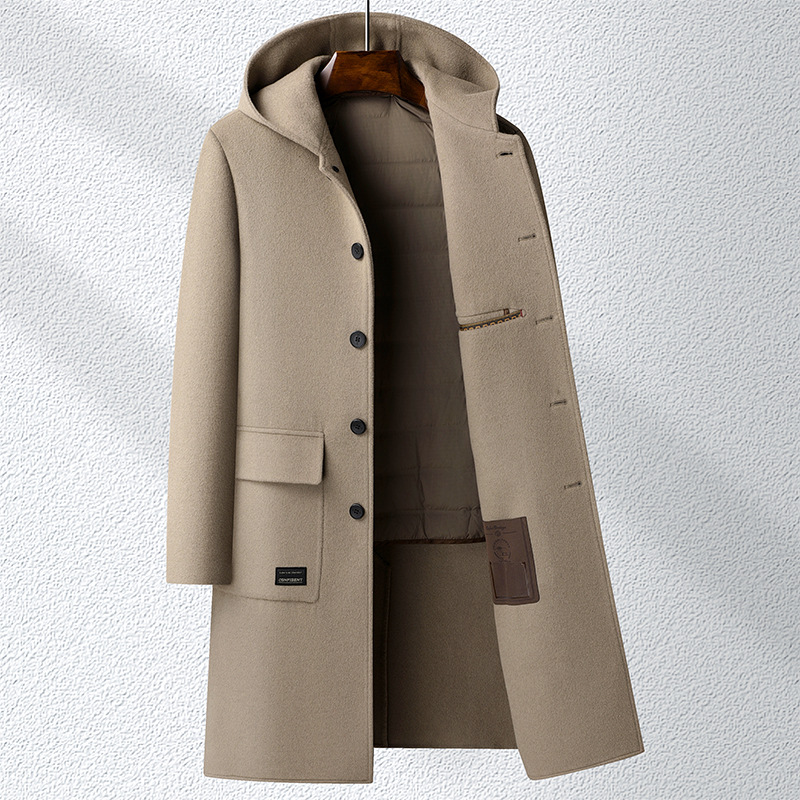 100%羊毛秋冬连帽双面呢长款大衣羽绒内胆尼大衣风衣男士妮子大衣
