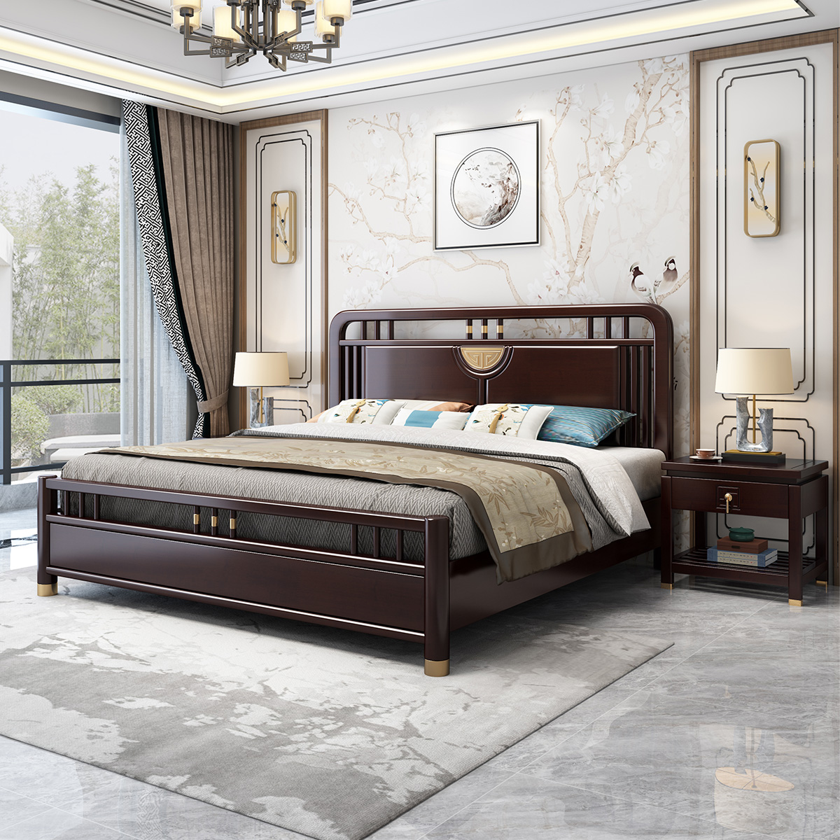 月影梳桐新中式实木床1.8米主卧双人床禅意中国风1.