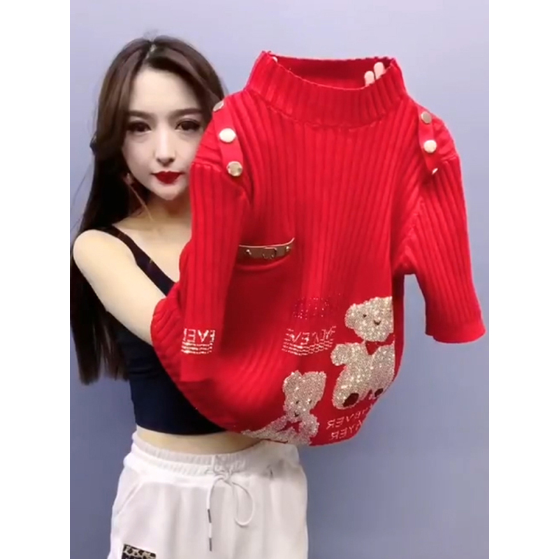 SUNTEK欧洲站毛衣半高领打底衫女秋冬卡通烫钻半袖针织衫内搭紧身上衣黑毛衣