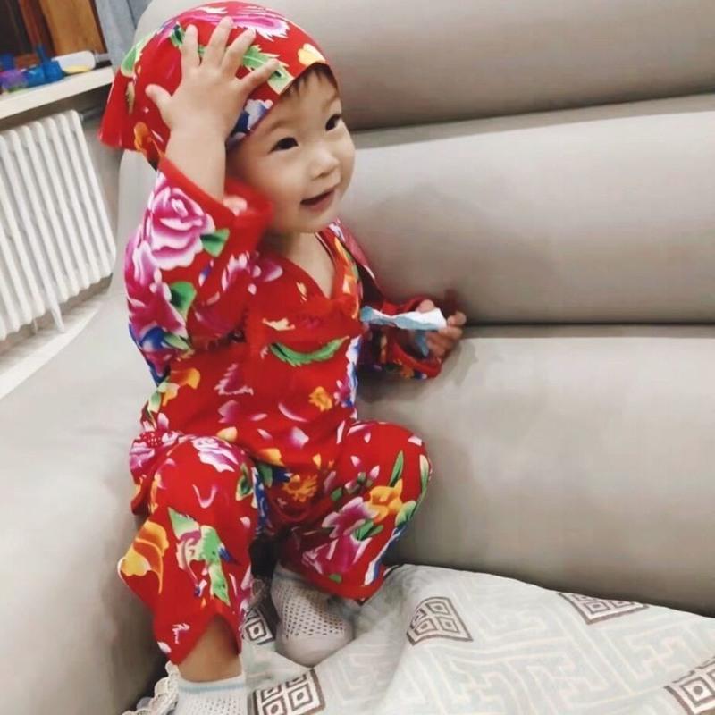 儿童东北大花套装婴儿衣服棉绸宝宝吊带民族服装男童女童夏季薄款 橄榄绿 绿牡丹吊带套装 73