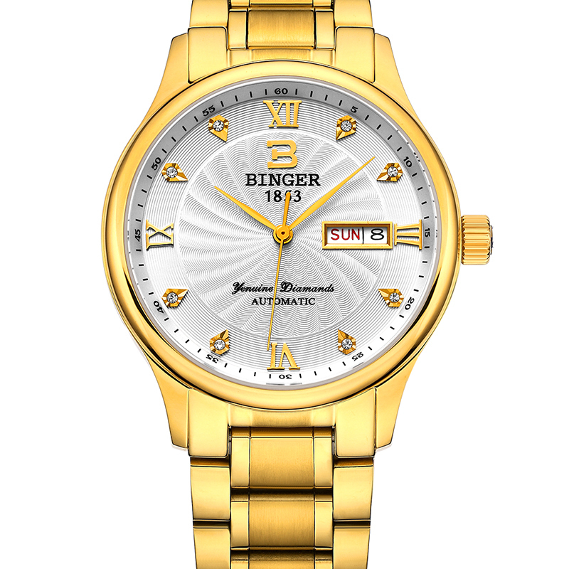 宾格binger时尚休闲石英表男士手表罗马刻度精致风车表盘精钢金属表带