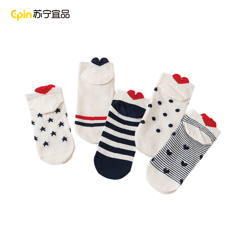 苏宁宜品[五双装]日系可爱夏季薄款低帮船袜女透气棉质袜子韩国浅口隐形短袜不掉跟后跟爱心短袜