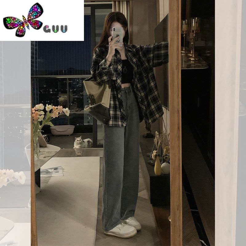 语娄美式复古格子衬衫女款装设计感小众小个子oversize慵懒风外套图片