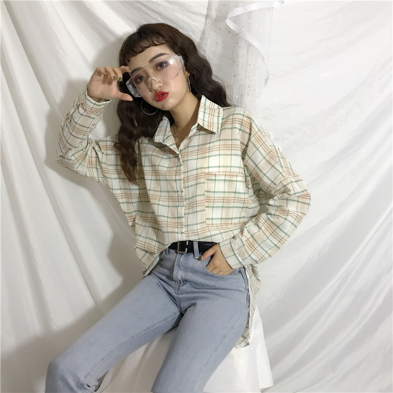 衬衫女秋季新款韩版女装宽松中长款防晒外套休闲薄款长袖格子衬衣