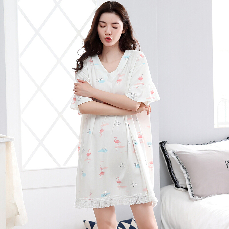 韩版宽松睡裙女夏短袖棉甜美卡通可爱v领大码睡衣家居服