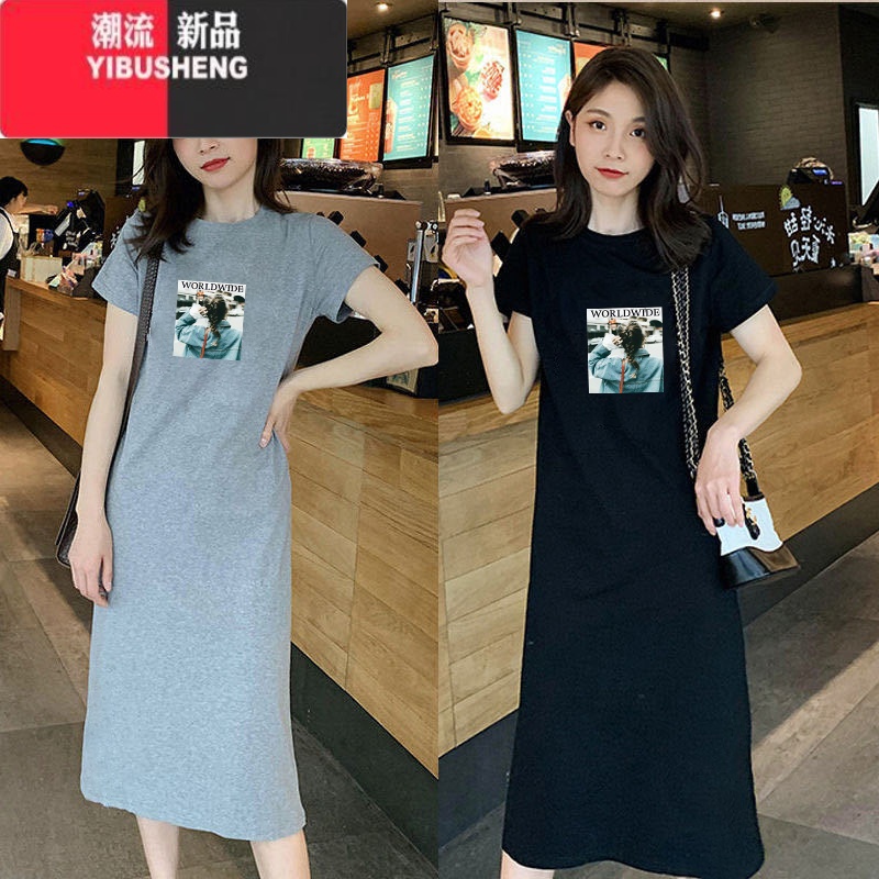 YIBUSHENG休闲黑色连衣裙女2024季新款韩版宽松显瘦减龄中长款短袖t恤裙高清大图