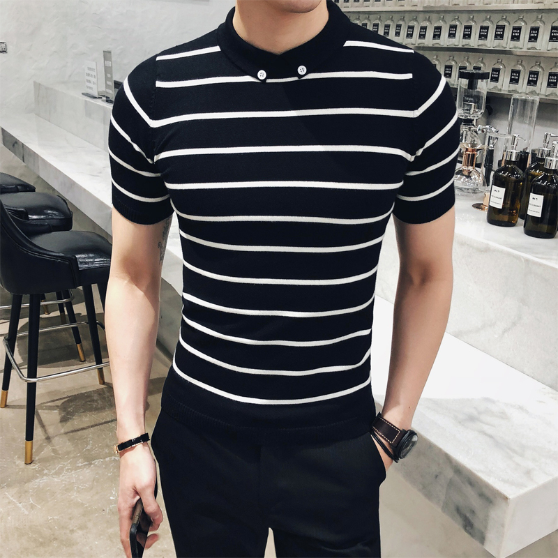 夏季年轻男士黑白条纹紧身短袖T恤英伦修身韩版半袖针织型师潮