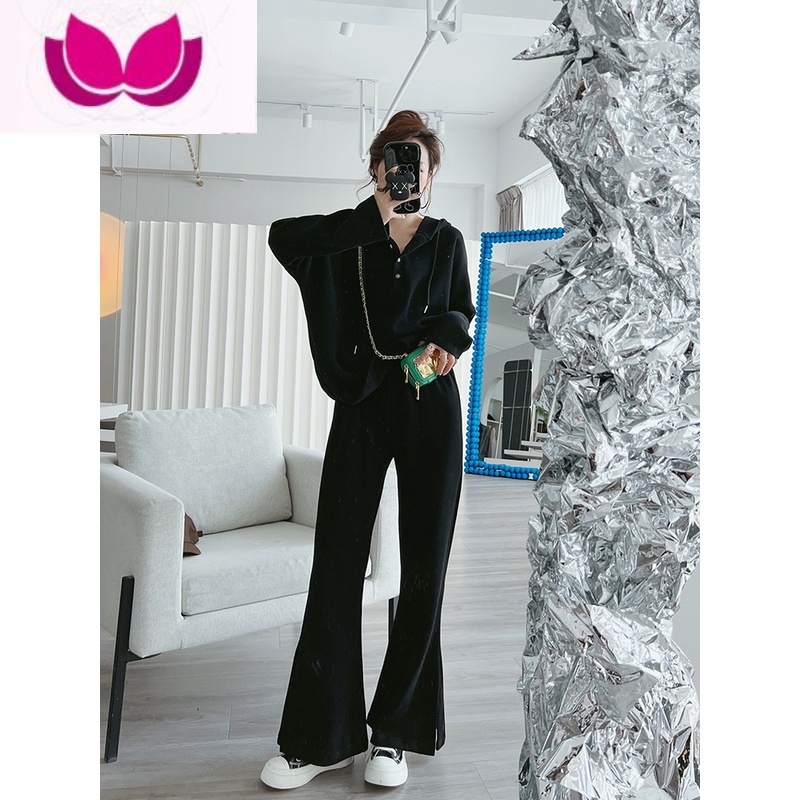 七斓胖mm300斤宽松长袖连帽运动服套装女大码显瘦开叉休闲高腰裤高清大图