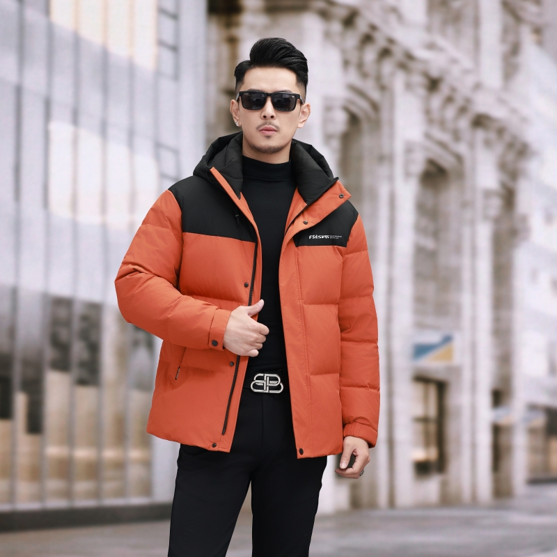 白鸭绒男士羽绒服冬装厚款连帽面包服羽绒服休闲外套冬羽绒服真皮皮衣男士连帽青年冬季加厚保暖外套鹅绒羽绒服 橘色羽绒服 170-M
