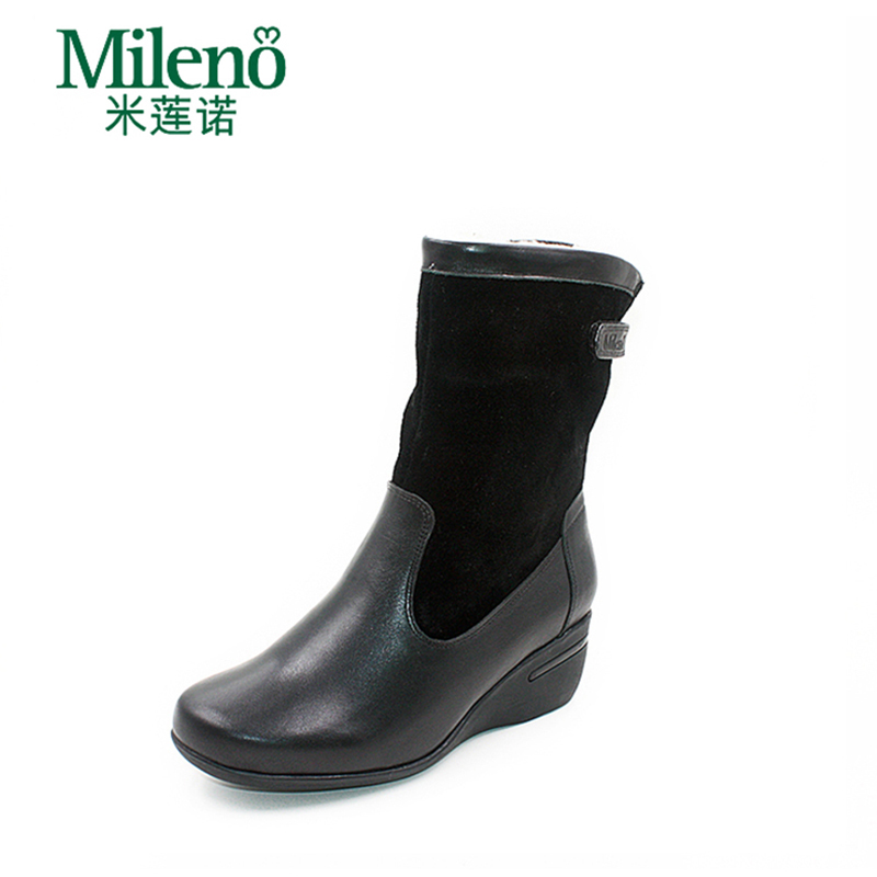 Mileno/米莲诺冬季拼色软牛皮坡跟女中靴保暖舒适妈妈鞋M164601