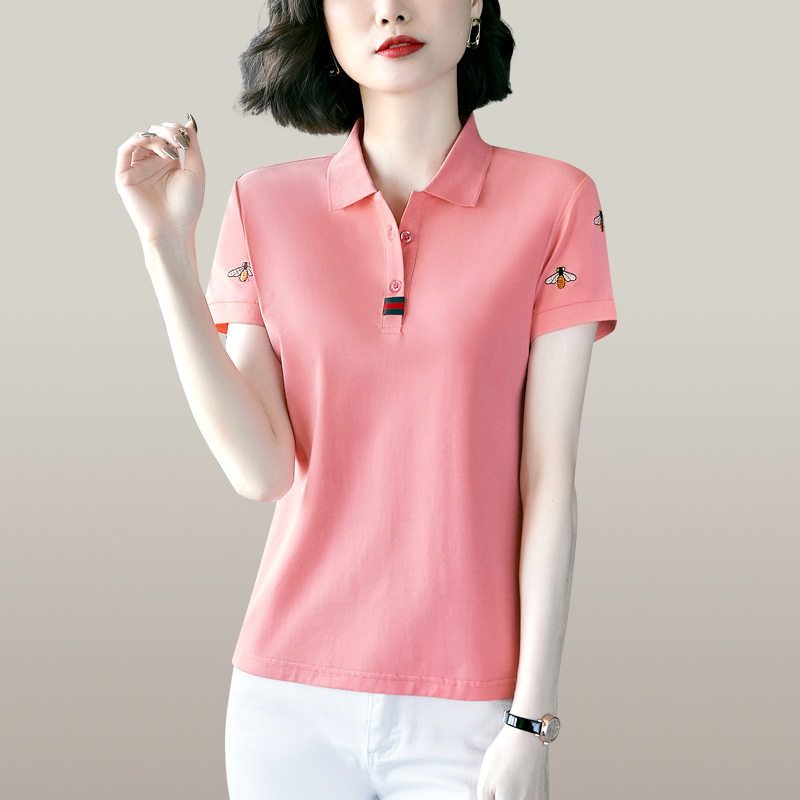 均妮品牌短袖翻领t恤女2022夏装新款绣花洋气棉质polo衫中年女士显瘦气质减龄有领上衣