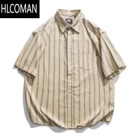 HLCOMAN日系复古cityboy条纹衬衫短袖男夏季宽松男装休闲工装衬衣外y短 M 卡其色