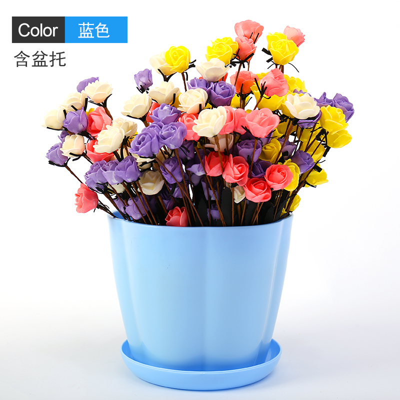 花盆大号室内阳台盆栽多肉绿萝植物仿陶瓷创意圆形小花盆 蓝色《含托盘》 10个中号(口径13厘米)