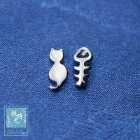S925纯银耳钉 小猫和鱼骨头耳环个性情侣创意时尚气质耳饰送女朋友老婆生日礼