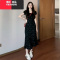 YIBUSHENG法式黑色碎花短袖连衣裙子女装季2024新款修身收腰显瘦气质长裙