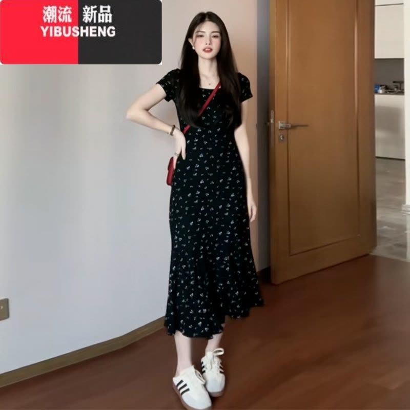 YIBUSHENG法式黑色碎花短袖连衣裙子女装季2024新款修身收腰显瘦气质长裙图片