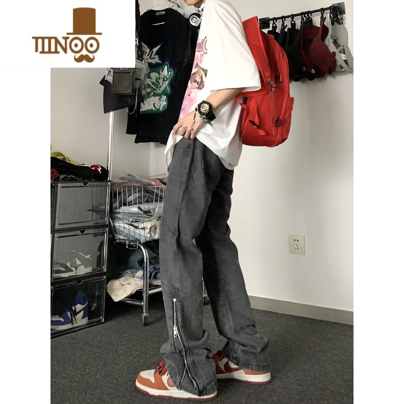 YANXUGTGA美式高街水洗做旧牛仔裤潮牌拉链设计感修身显瘦男女修N拉瘦高清大图