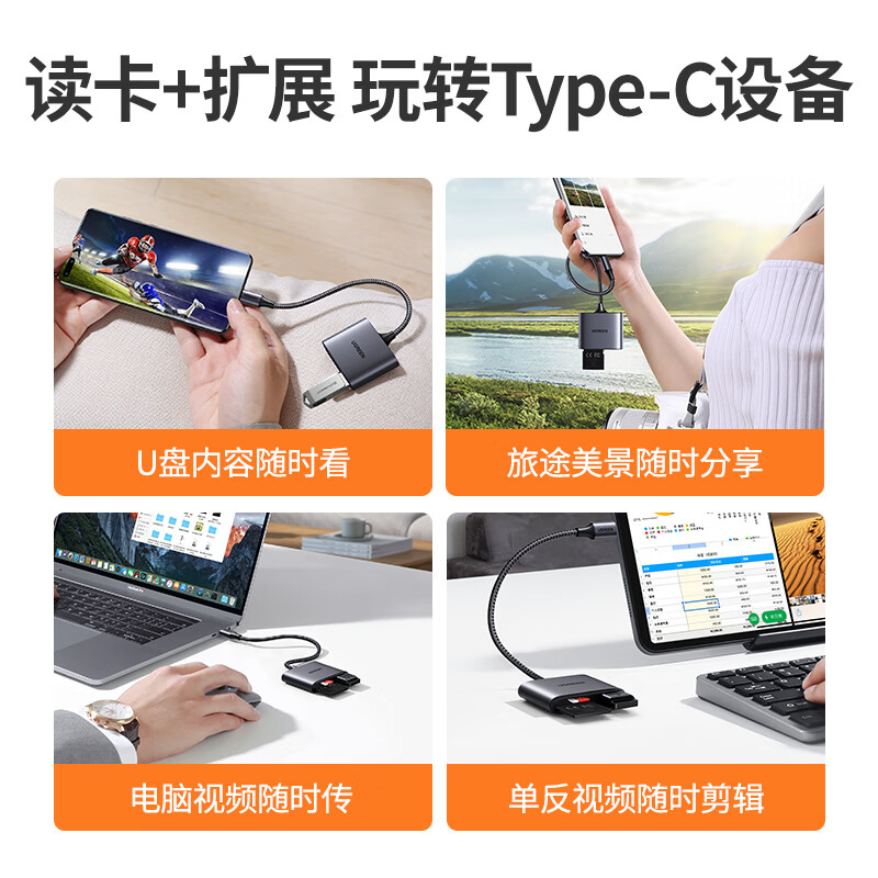 绿联Type-C3.0高速多功能读卡器SD/TF多合一适用电脑苹果15/iPad/安卓手机支持相机监控存储80798高清大图