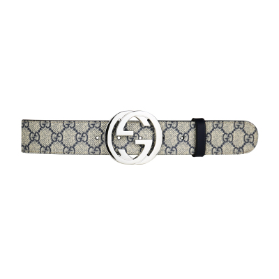GUCCI/古驰 腰带 男款经典款大logo双G印花米蓝帆布银扣