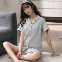 猫人女士纯棉翻领睡衣套装夏季短袖短裤开衫家居服薄款宽松可外穿家居服套装