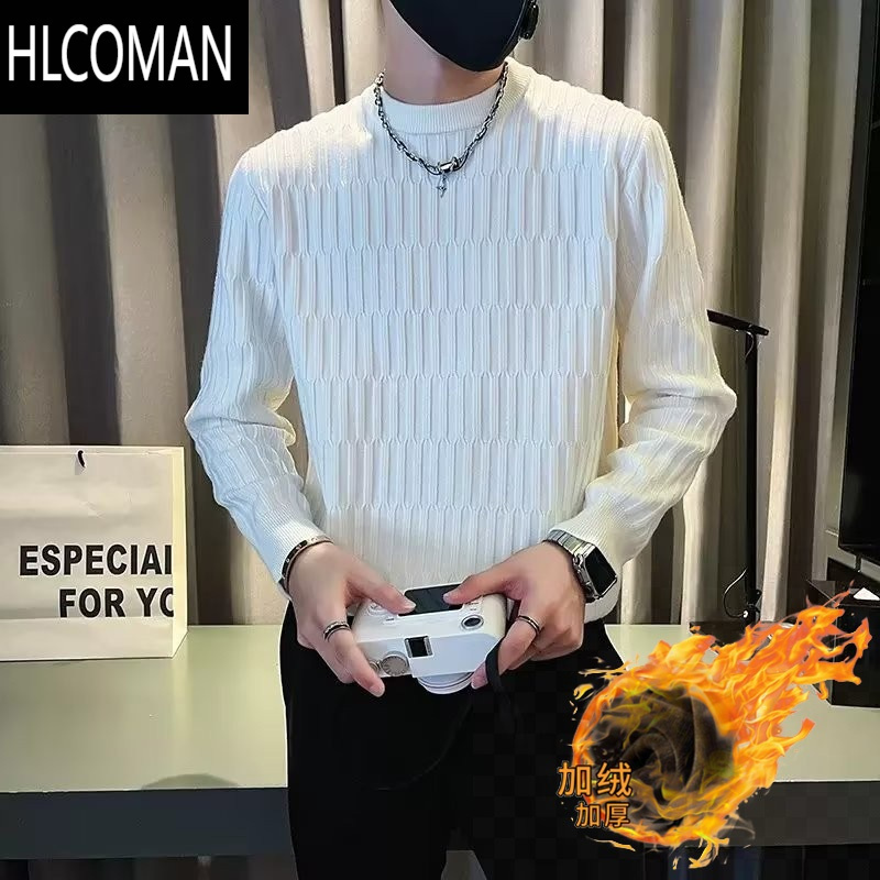 HLCOMAN卫衣男款2023新款痞帅长袖T恤高级纹理感圆领打底衫加绒潮流