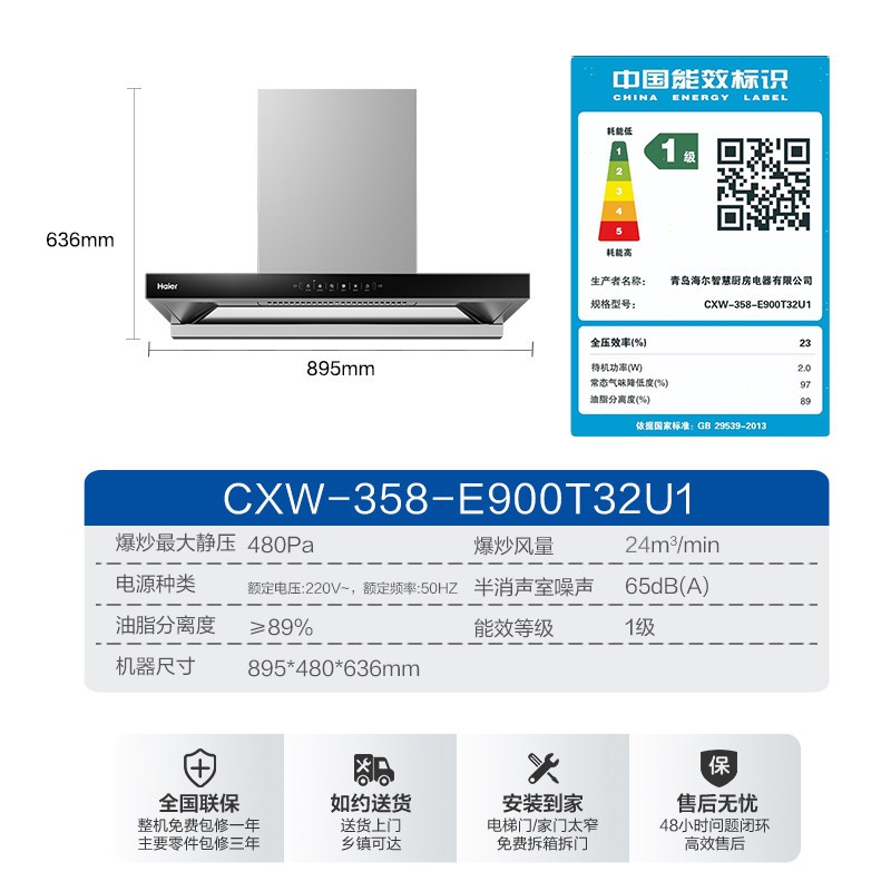 海尔一级能效侧吸式油烟机CXW-358-E900T32U1挥手智控大吸力自旋洗24m³/min高清大图