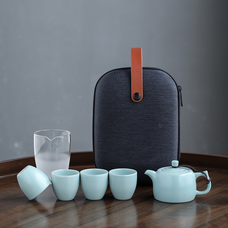 苏氏陶瓷 SUSHI CERAMICS 汝窑茶具套组旅行茶具便捷茶具高品质开片可养金线一壶四杯一玻璃公道杯旅行包包装