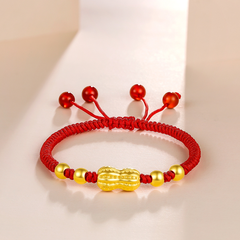 周六福zhouliufu3d硬金黄金手链女士款足金花生转运珠红绳手链定价