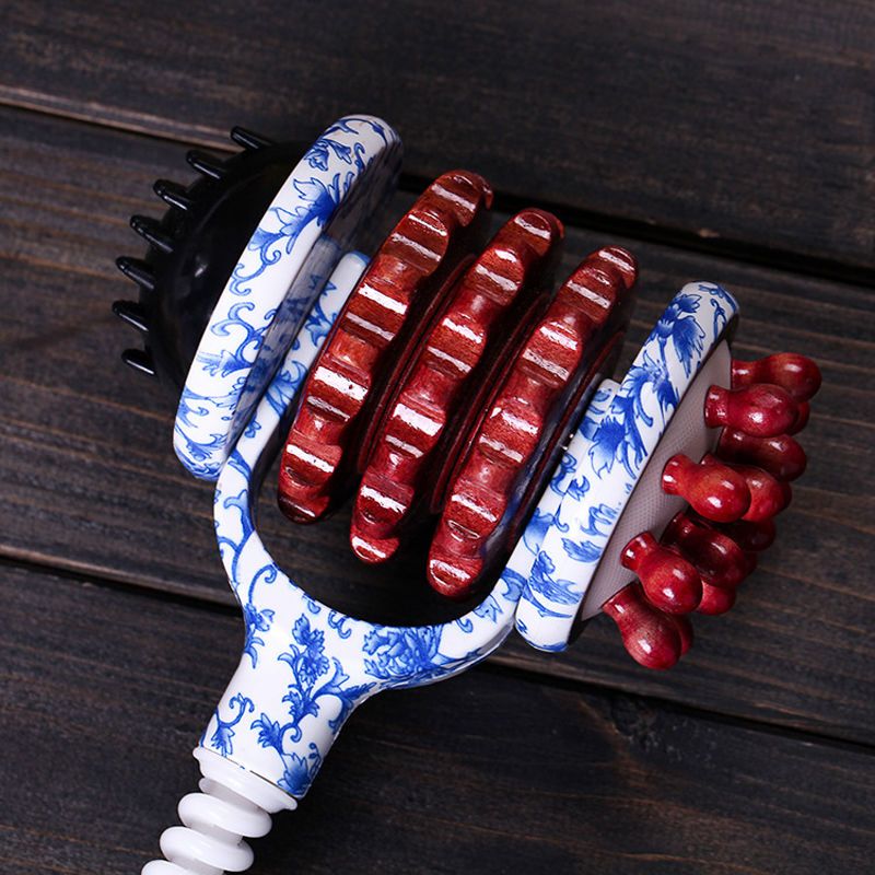 青花瓷滚轮按摩锤颈肩腰部敲背敲打健身捶木质保健头部活血经络拍