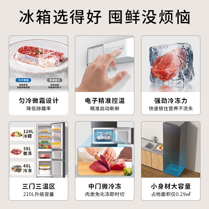 创维(Skyworth)210升小冰箱 三门家用小型电冰箱 三门三温区中门软冷冻 保鲜省电低音P21TJ_晨曦灰高清大图