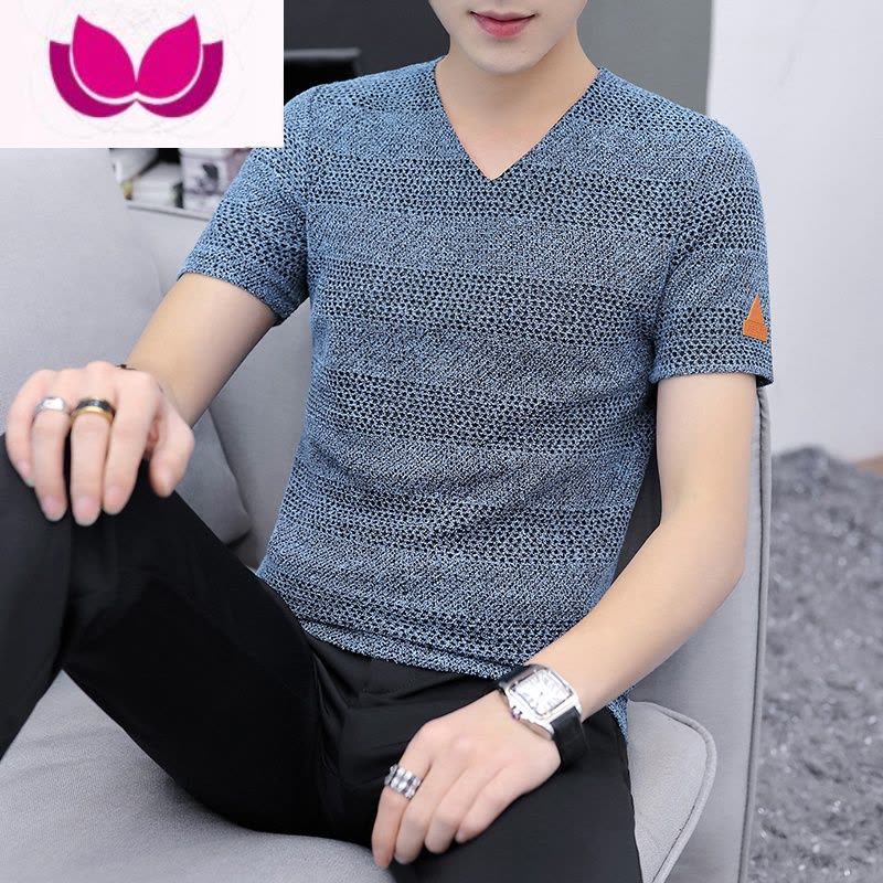七斓2023夏季新款冰丝镂空男士短袖T恤针织网眼V领半袖小衫薄款体恤潮图片