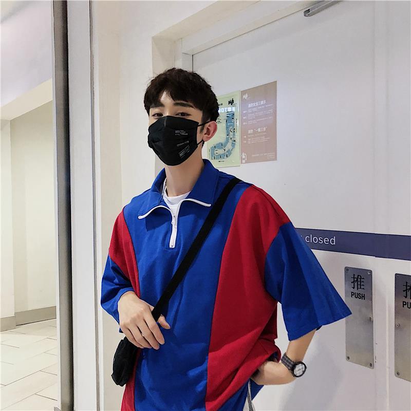 夏款年轻七分袖体恤衫宽松拼色 短袖港风T恤翻领男装黑白撞色学生