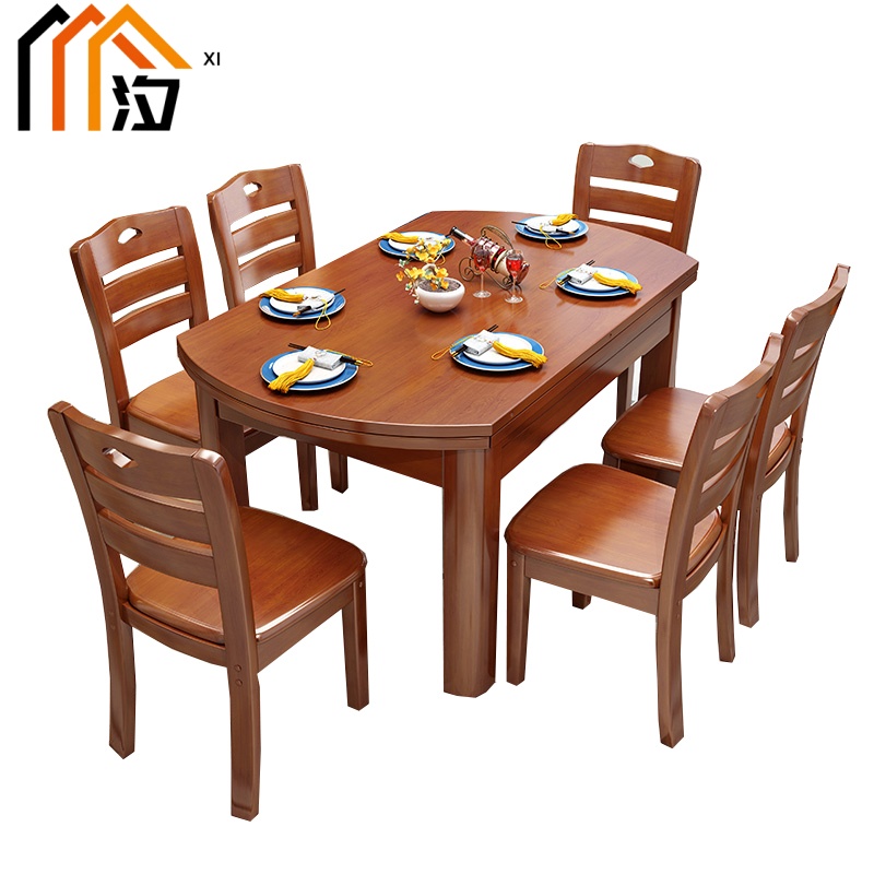 汐实木餐桌海棠色一桌六椅套高清大图