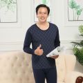 俞兆林 男士保暖内衣纯棉薄款爸爸中老年人大码秋衣秋裤套装男冬季棉毛衫 藏青菱形圆领 L 深蓝色